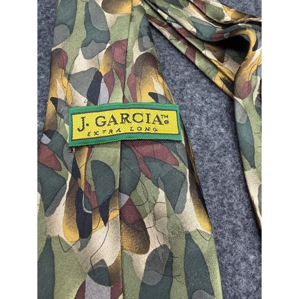 J. Garcia Birdland Collection Fourteen Silk Tie Extra Long Green Brown Abstract